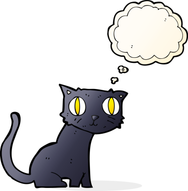 Bir insan tarafından çizilmiş düşünce baloncuklu kara kedi.