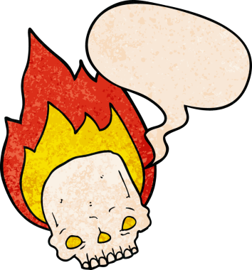 Bir insan tarafından çizilmiş, geçmişe dönük konuşma baloncuklu, ürkütücü çizgi film alevli kafatası.