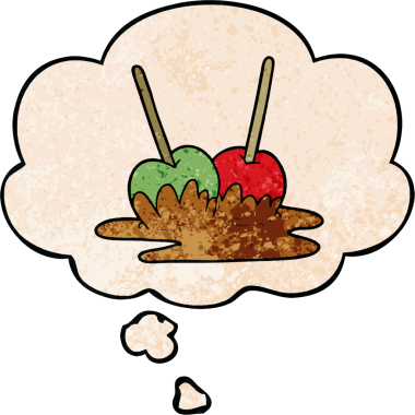 Bir insan tarafından çizilmiş grunge desenli düşünce baloncuklu karamel elmaları.