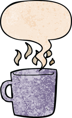 Bir insan tarafından çizilmiş, eski moda konuşma baloncuklu sıcak kahve.