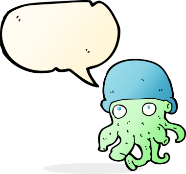 Bir insan tarafından çizilmiş konuşma baloncuklu şapka takan bir uzaylı kafası.