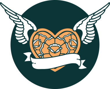 Bir insan tarafından çizilmiş çiçek ve bayrak ile uçan bir kalbin ikonik dövme görüntüsü