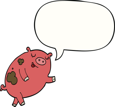 Bir insan tarafından çizilmiş konuşma balonlu dans eden domuz.