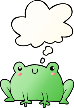 Bir insan tarafından çizilmiş, düşünce baloncuklu çizgi film kurbağası.