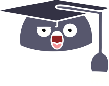 Bir insanın çizdiği mezuniyet şapkasının düz renkli retro karikatürü.