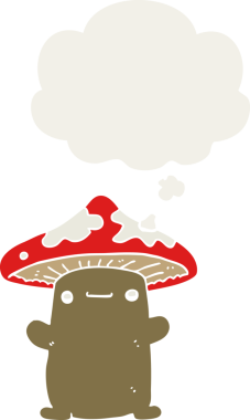 Düşünce baloncuğu olan çizgi film mantarları insan tarafından çizilmiş.