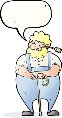 Çizgi film çiftçisi bir insan tarafından çizilmiş konuşma balonuyla bastona yaslanıyor.