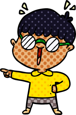 Bir insan tarafından çizilmiş gözlük takan çizgi film çocuğu.