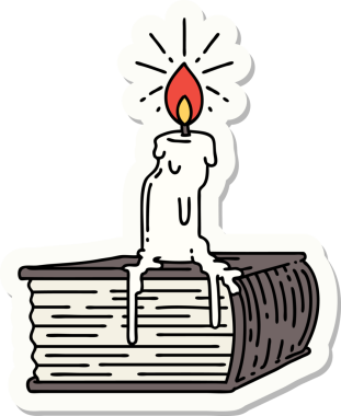 Dövme stili mum çıkartması. Bir insan tarafından çizilmiş kitap üzerinde eriyor.