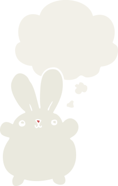 Bir insan tarafından çizilmiş düşünce baloncuklu sevimli çizgi film tavşanı.