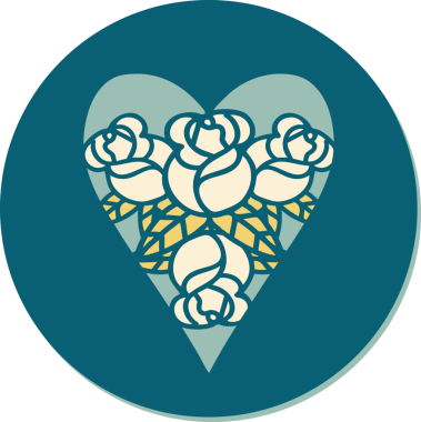 Geleneksel kalp stili dövme çıkartması ve bir insan tarafından çizilmiş çiçekler.