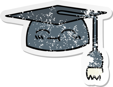 Bir insan tarafından çizilmiş şirin bir çizgi film mezuniyet şapkasının sıkıntılı çıkartması.