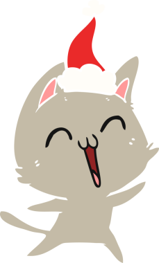 Bir insan tarafından çizilmiş Noel Baba şapkası takan bir kedinin düz renk çizimi.