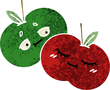 Bir insan tarafından çizilmiş sulu bir elmanın retro çizim tarzı karikatürü