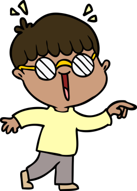 Bir insan tarafından çizilmiş gözlük takan çizgi film çocuğu.