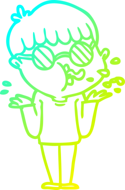 Gözlüklü bir çizgi film çocuğunun soğuk gradyan çizgisi. Bir insan tarafından çizilmiş omuz silkiyor.