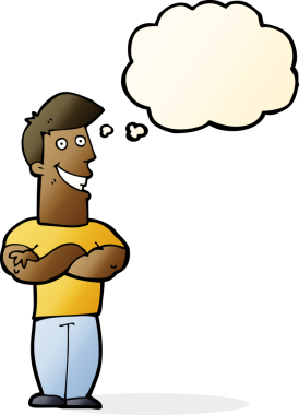 Bir insan tarafından çizilmiş düşünce baloncuğu ile sırıtan çizgi film adamı.