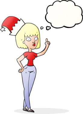 Bir insan tarafından çizilmiş Noel şapkası giyen serbest çizim baloncuklu kadın.