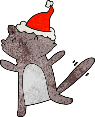 Bir insan tarafından çizilmiş Noel Baba şapkası giymiş dans eden bir kedinin el çizimi karikatürü.