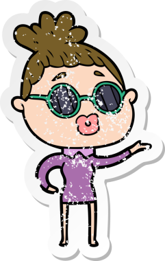 Bir insan tarafından çizilmiş güneş gözlüğü takan karikatürlü bir kadının sıkıntılı çıkartması.