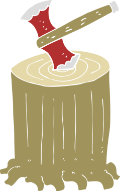 Bir insan tarafından çizilmiş ağaç kütüğü ve baltanın düz renk çizimi