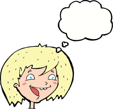 Bir insan tarafından çizilmiş düşünce balonlu mutlu kız çizgi filmi.