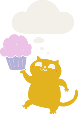 Düşünce baloncuğu olan kapkekli çizgi film kedisi insan tarafından çizilmiş.