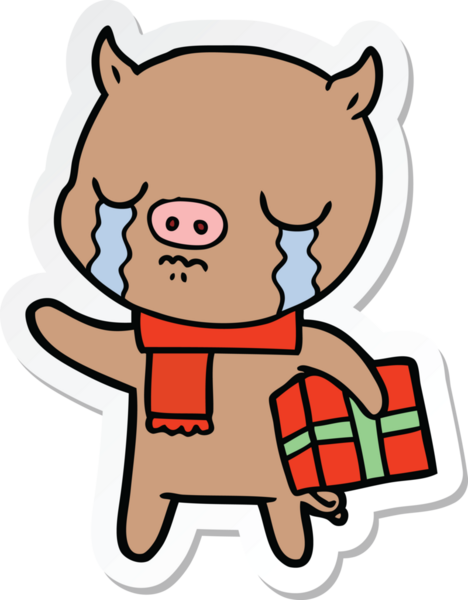 Bir insan tarafından çizilmiş Noel hediyesi için ağlayan bir domuzun çıkartması.