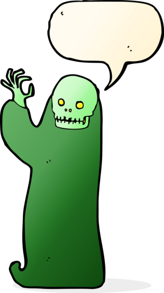 Bir insan tarafından çizilmiş bir konuşma balonuyla cadılar bayramı hortlağını sallayan çizgi film.