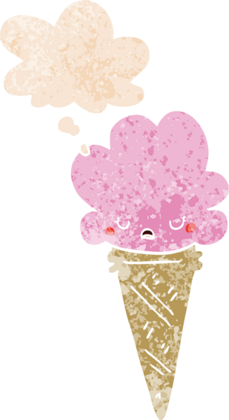 Yüzünde düşünce kabarcığı olan karikatür dondurması bir insan tarafından çizilmiş dertli retro tarzı.