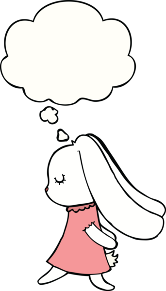 Bir insan tarafından çizilmiş düşünce kabarcığı olan sevimli çizgi film tavşanı.