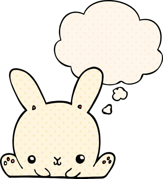 Çizgi roman tarzında bir insan tarafından çizilmiş düşünce kabarcığı olan çizgi film tavşanı.