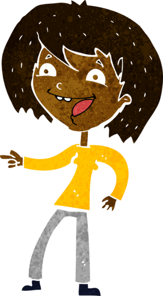 Bir insan tarafından çizilmiş, gülen ve işaret eden çizgi film kadını.