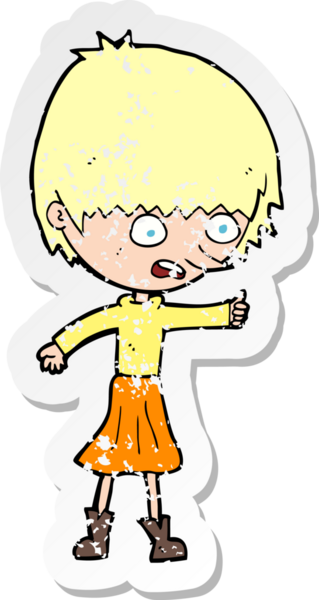 Bir insan tarafından çizilmiş, gerilmiş bir karikatür kadının gerilimli retro yapıştırması.