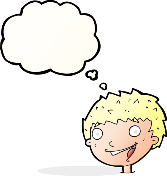 Bir insan tarafından çizilmiş düşünce balonlu gülen çocuk.