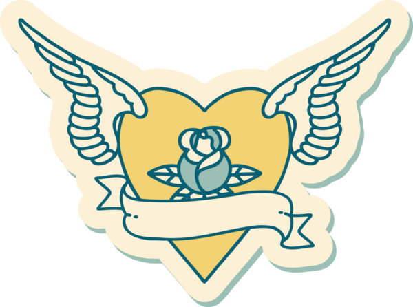 Geleneksel kalp tarzında bir dövme çıkartması. Kanatlarıyla bir insan tarafından çizilmiş bir gül ve bayrak.