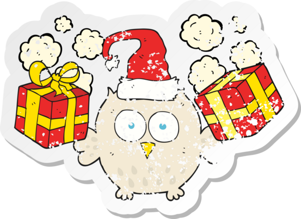 Bir insan tarafından çizilmiş bir karikatür noel baykuşunun gerilimli çıkartması.