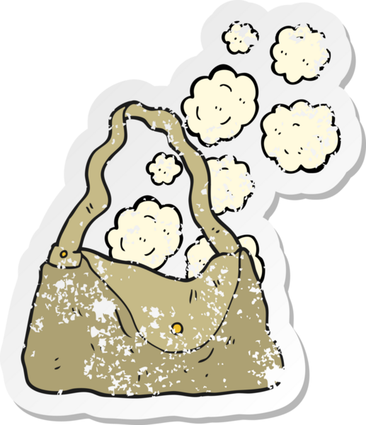 Bir insan tarafından çizilmiş karikatür el çantasının gerilimli etiketi.