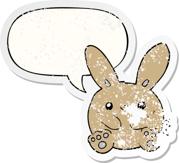 Konuşma baloncuğu olan çizgi film tavşanı bir insan tarafından çizilmiş sıkıntılı eski bir çıkartma