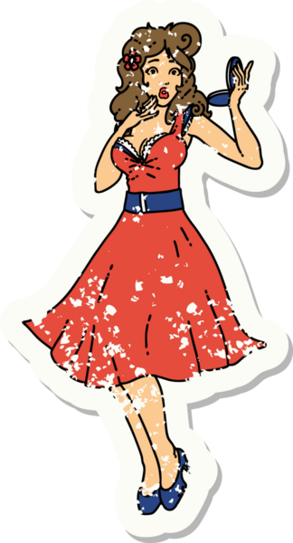 Geleneksel stil dövmeli sıkıntılı bir dövme. Bir insan tarafından çizilmiş, şaşırtılmış bir kız.