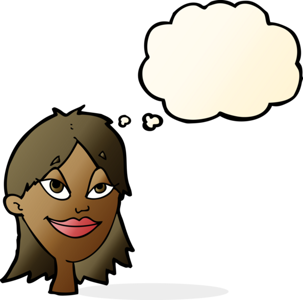 Bir insan tarafından çizilmiş düşünce balonlu mutlu kadın çizgi filmi.