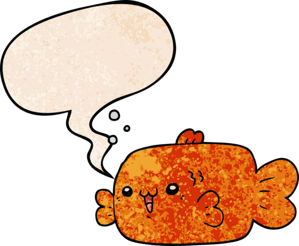 bir insan tarafından çizilmiş, konuşma baloncuklu çizgi film balığı.