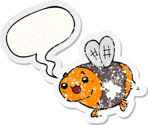 Komik çizgi film arısı, konuşma baloncuğu bir insan tarafından çizilmiş sıkıntılı eski bir çıkartma.