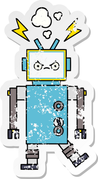 Bir insan tarafından çizilmiş sevimli bir robot çizgi film çıkartması.