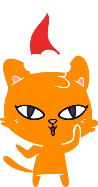 Bir insan tarafından çizilmiş Noel Baba şapkası takan bir kedinin düz renk çizimi.