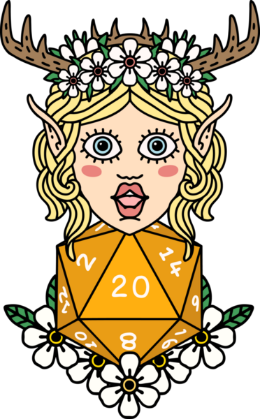 Retro Dövme Tarzı Elf Karakteri Nautral 20 zar bir insan tarafından çizilmiş