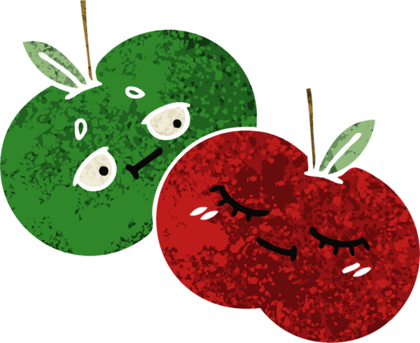 Bir insan tarafından çizilmiş sulu bir elmanın retro çizim tarzı karikatürü