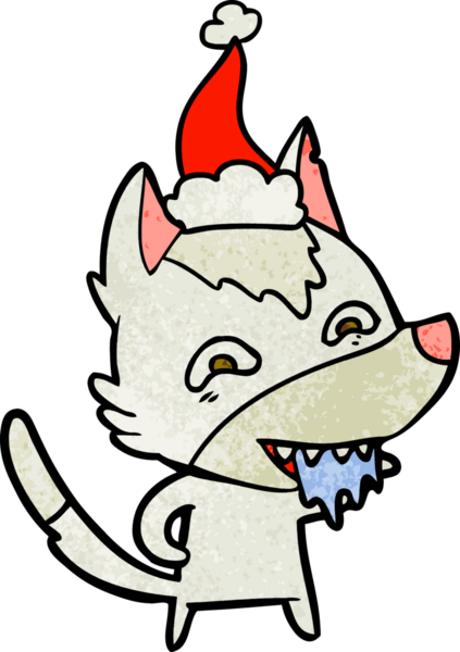 Aç bir kurdun insan tarafından çizilmiş Noel Baba şapkası taktığı el çizimi bir çizgi film.