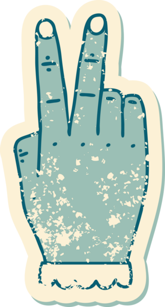 Bir insan tarafından çizilmiş iki parmağını kaldıran bir elin grunge çıkartması.