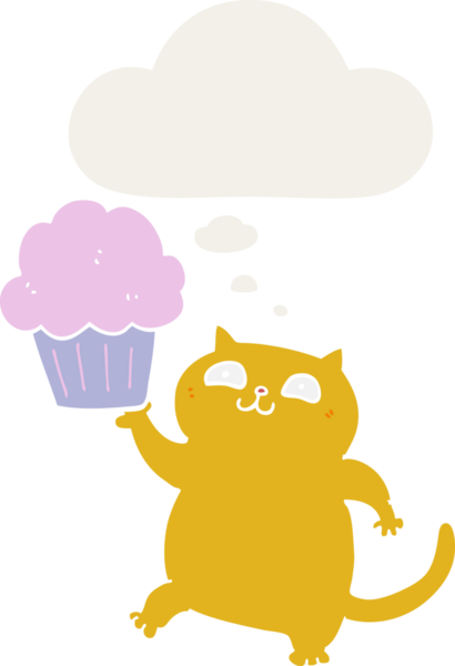 Düşünce baloncuğu olan kapkekli çizgi film kedisi insan tarafından çizilmiş.